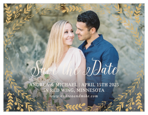 Whimsical greenery surrounds your photo on the Romantic Evergreen Foil Save-the-Date Cards.