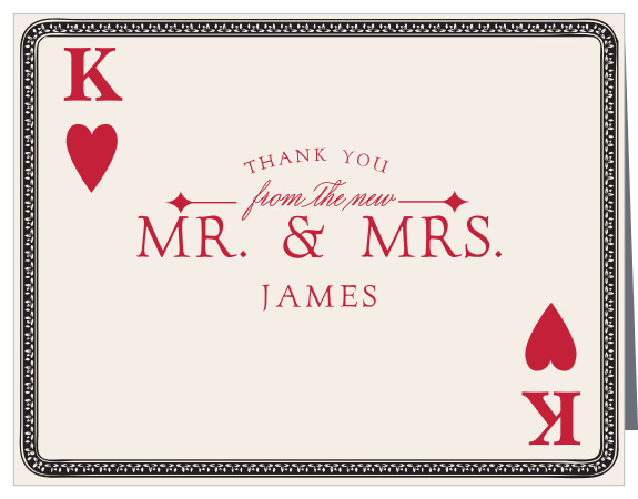 Finish your casino-themed wedding stationery with the Lady Luck Thank You Cards.