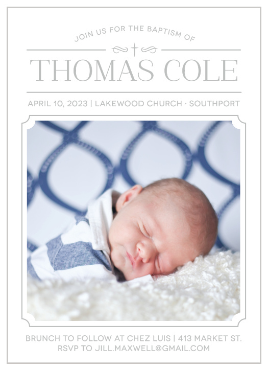 Invite friends and family to celebrate your son’s baptism with the Classic Cross Foil Boy Baptism Invitations.