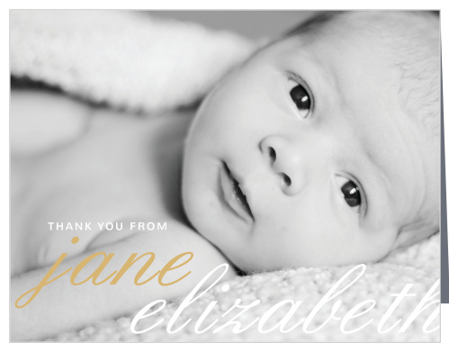 Use your child’s photo as the background to La Moderne Foil Baptism Thank You Cards.