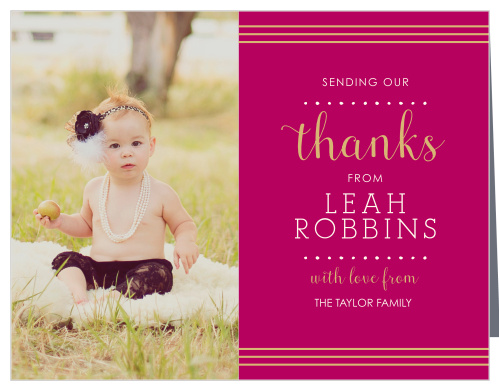Thank all the friends and family who celebrated your child’s baptism or christening with the Polka Dot Border Girl Foil Baptism Thank You Cards. 