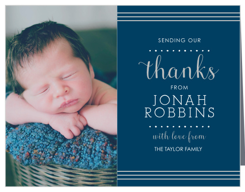 Thank all the friends and family who celebrated your child’s baptism or christening with the Polka Dot Border Boy Foil Baptism Thank You Cards.