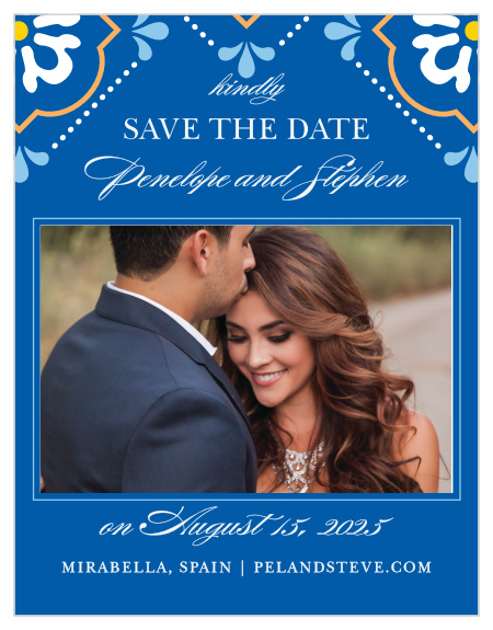 Stylized florals in bright colors decorate the top of the Spanish Tile Save-the-Date Magnets.