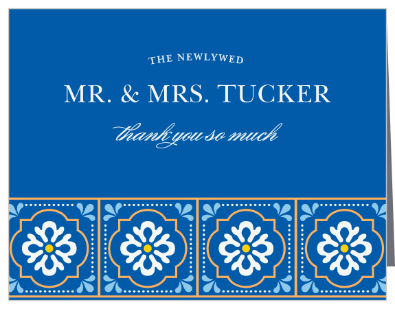 Finish your wedding stationery with the vibrant colors and stylized florals of the Spanish Tile Thank You Cards.