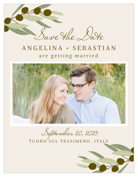 Willowy olive branches grace the top and bottom of the Mediterranean Romance Save-the-Date Magnets.