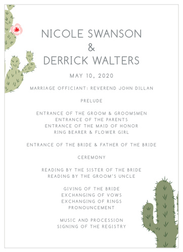 Organize your desert ceremony with the Prickly Pear Wedding Programs.