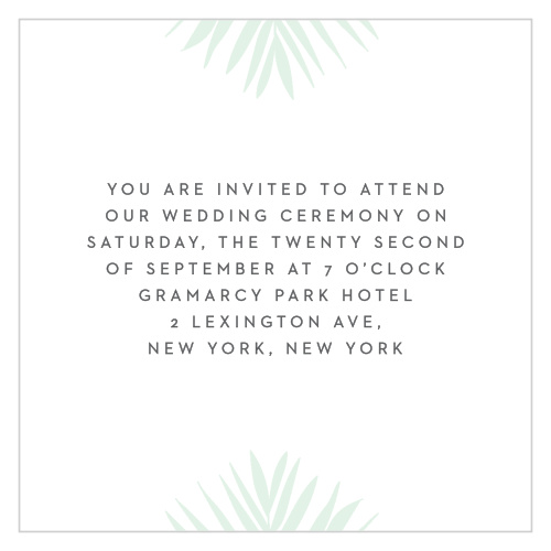 The Palm Beach Ceremony Cards’ sophisticated design featuring palm fronds is entirely customizable.