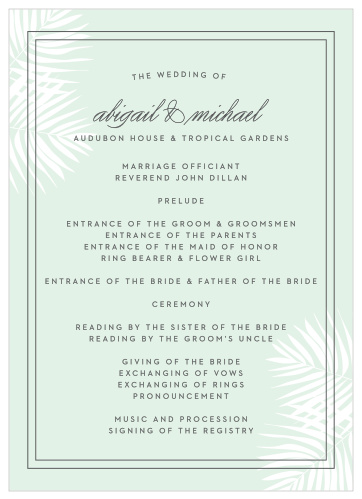 Delicate palm fronds peak at the corners of the Palm Beach Wedding Programs.