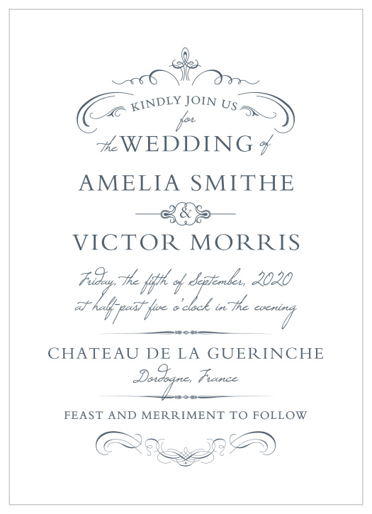 Regal swirls and embellishments accent the text on the Old World Winery Wedding Invitations.