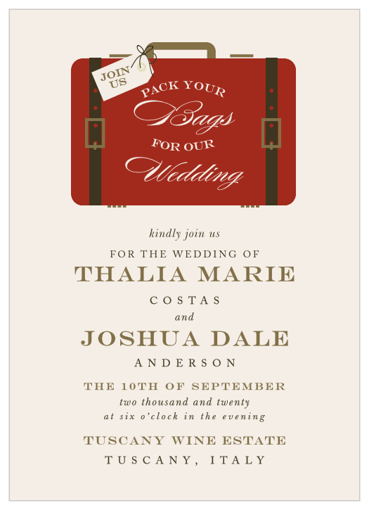 Tell guests to pack their bags for your luxury, destination wedding with the Lavish Luggage Wedding Invitations.