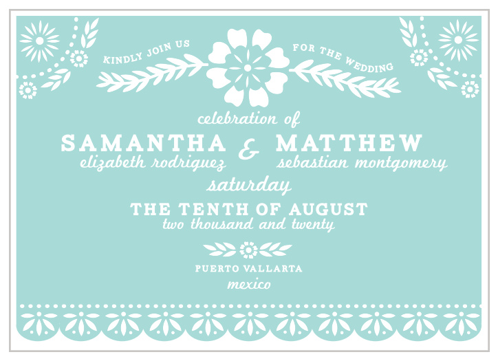 Flower illustrations with the look of paper cutouts decorate the Papel Picado Wedding Invitations.