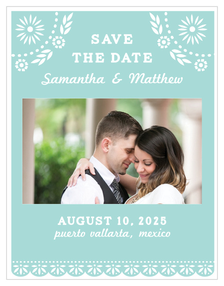 Gorgeous illustrations with the appearance of paper cutouts illustrate the Papel Picado Wedding Save-the-Date Cards. 