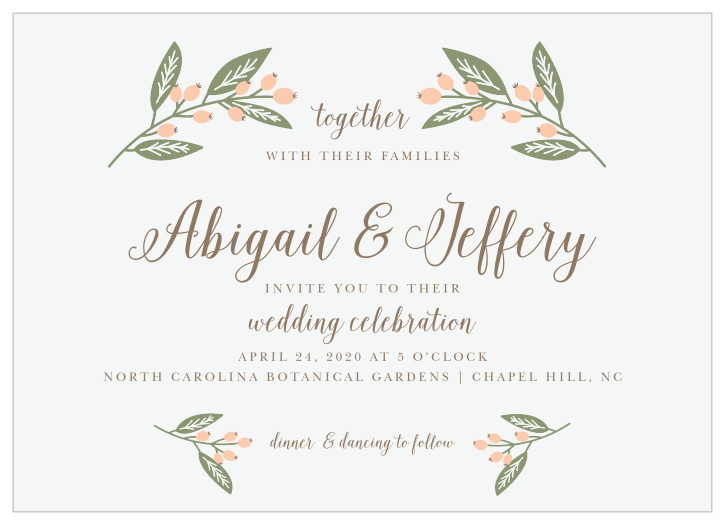 Four berry sprigs frame your text on the Spring Berries Wedding Invitations.