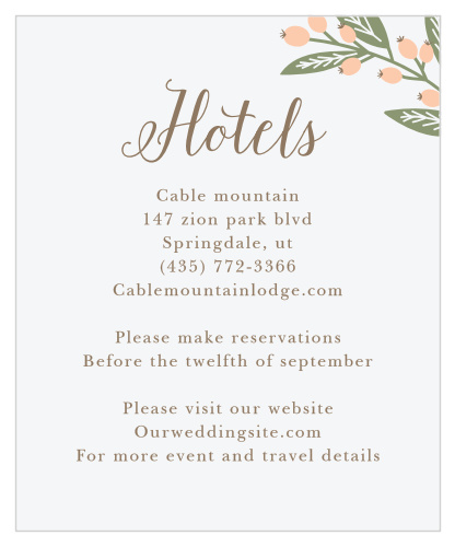 Let guests know when and where to make travel reservations with the Spring Berries Accommodation Cards. 