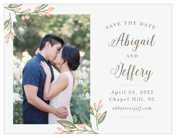 Attractive sprigs of berries accent your engagement photo on the Spring Berries Save-the-Date Magnets.