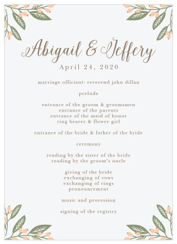 The Spring Berries Wedding Programs are entirely customizable two-sided programs.