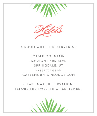 Palm fronds decorate the top and the bottom of the Tropical Flamingo Accommodation Cards. 
