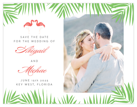 Announce your carefree destination wedding with the Tropical Flamingo Save-the-Date Cards.