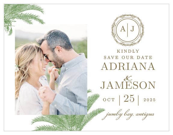Finely drawn palms frame your photo on the Caribbean Palm Save-the-Date Cards.