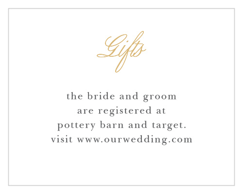 Help guests find your wedding wish list with the Golden Gate Foil Registry Cards.