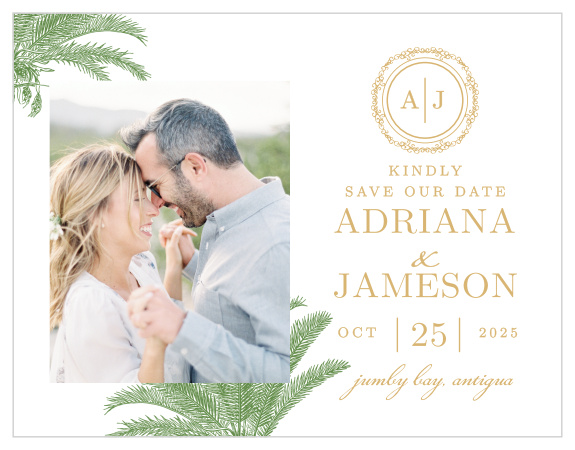 Finely drawn palms and gold or silver foil accent your photo on the Caribbean Palm Foil Save-the-Date Cards.