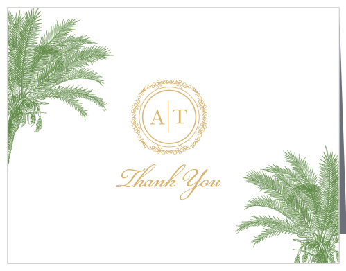 A beautifully ornate circle in gold or silver foil holds your monogram on the Caribbean Palm Foil Thank You Cards.