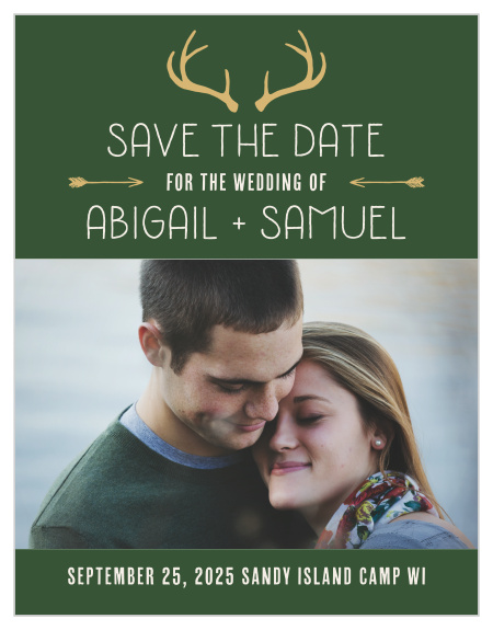 Trendy antlers and arrows accent the Summer Camp Weekend Save-the-Date Cards.