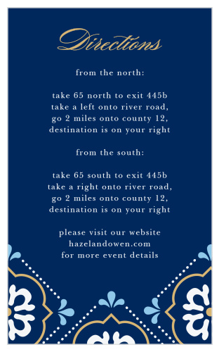 Help guests find your wedding venue with the vibrant Spanish Tile Foil Direction Cards.
