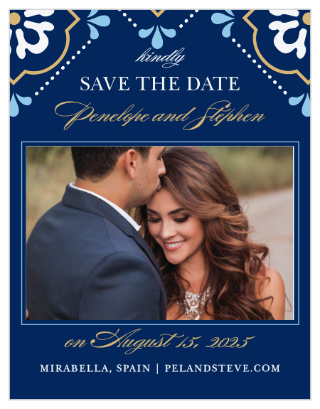 Stylized florals in bright colors and with gold or silver foil accents decorate the top of the Spanish Tile Foil Save-the-Date Magnets.