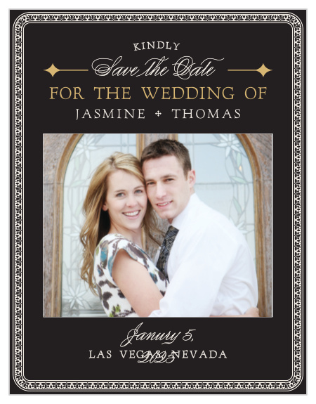 Announce your casino-themed wedding with the Lady Luck Foil Save-the-Date Cards. 