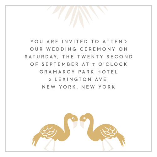 The Tropical Flamingo Foil Ceremony Cards are small enclosure cards ideal for a carefree destination wedding.