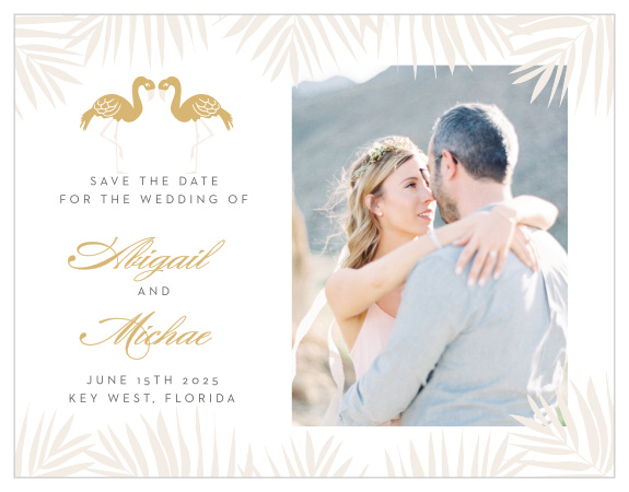 Announce your carefree destination wedding with the Tropical Flamingo Foil Save-the-Date Cards.