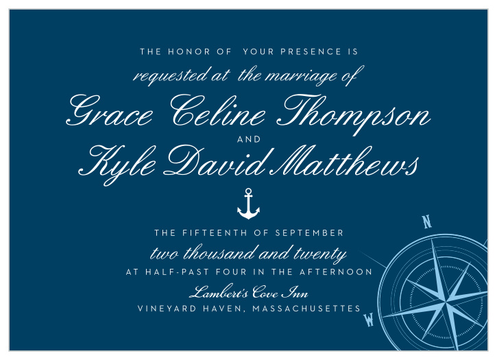 Invite friends and family to your sea-themed destination wedding with the Nautical Compass Wedding Invitations.