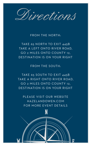 Help guests find your maritime wedding venue by including the Nautical Compass Foil Direction Cards in your wedding stationery.