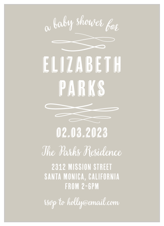 Whimsical lines accent the mother-to-be’s name on the Baby Urbanite Baby Shower Invitations.
