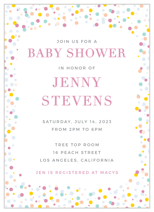 Colorful confetti frames the Dancing Dots Baby Shower Invitations.