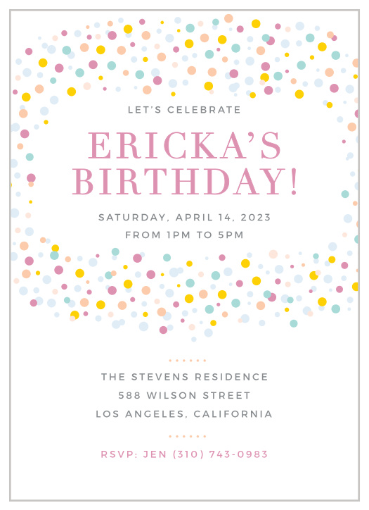Colorful confetti swirls around your text on the Dancing Dots First Birthday Invitations.
