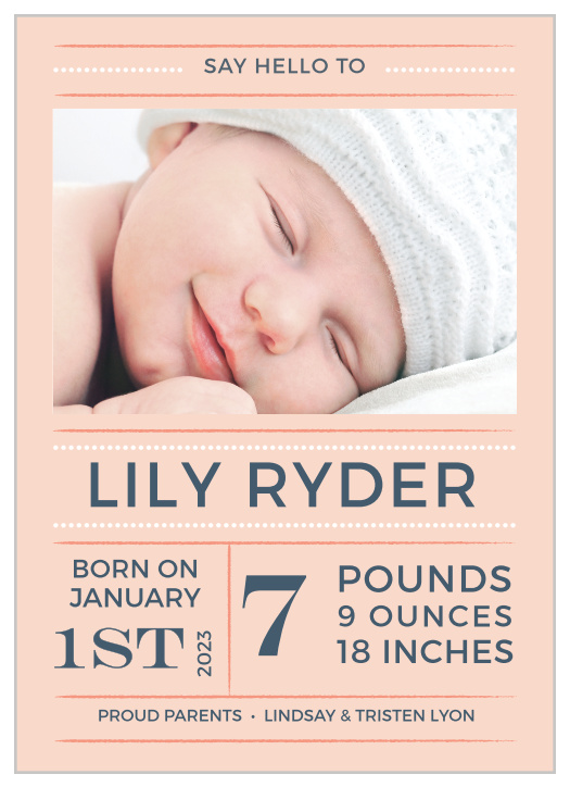 Introduce your little lady with the Dotted Lines Girl Birth Announcements from the Love Vs Design Collection at Basic Invite.