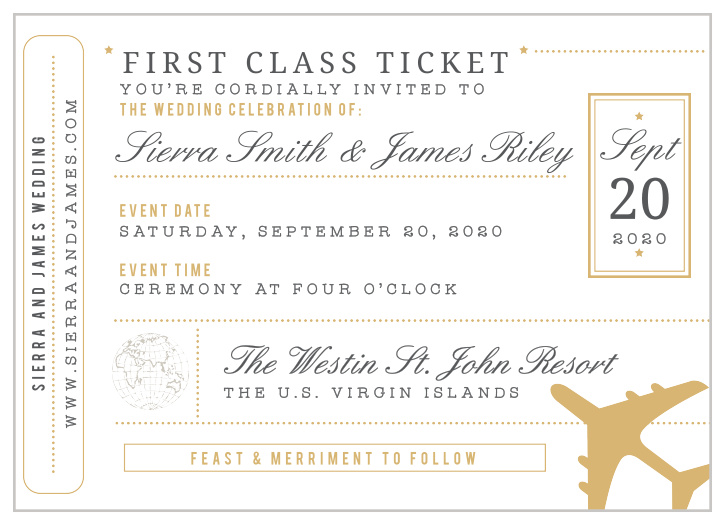 Give guests the ticket to your destination wedding with the Bon Voyage Foil Wedding Invitation Suite. 