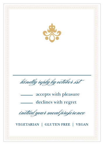 Opulent fonts and ornate details give the Moroccan Frame Foil Response Cards a luxurious feel.