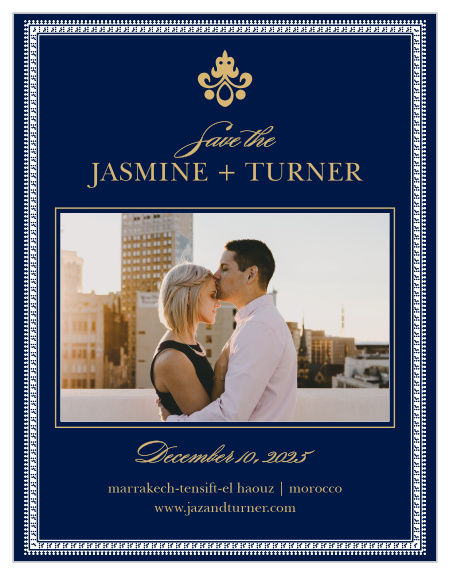 Rich details complement your engagement photo on the Moroccan Frame Foil Save-the-Date Magnets.