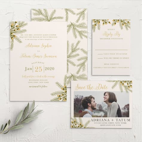 Pine Berries Foil Wedding Invitations