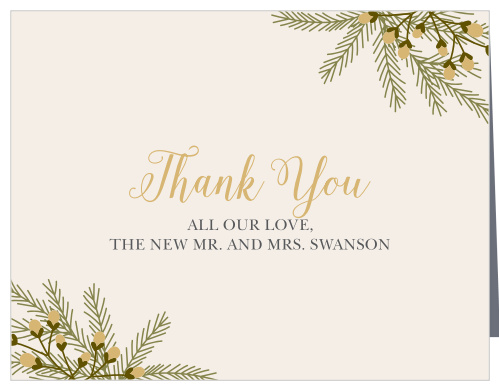 Pine boughs and bunches of festive berries adorn the corners of the Pine Berries Foil Thank You Cards.