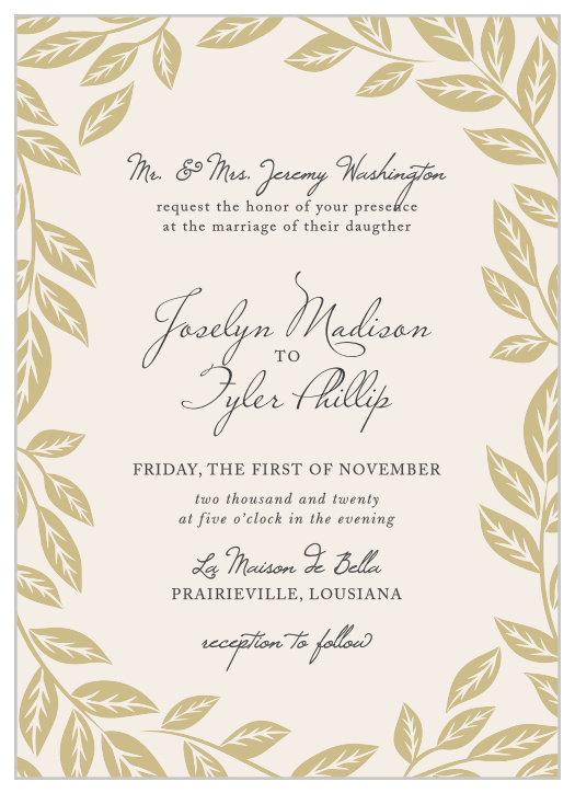Graceful leaves give the Lovely Laurel Wedding Invitations a graceful, ethereal feel. 