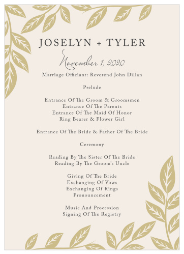The Lovely Laurel Wedding Programs' two-sided design lays out your ceremony schedule with the ethereal appeal of the Lovely Laurel Wedding Invitation Suite. 