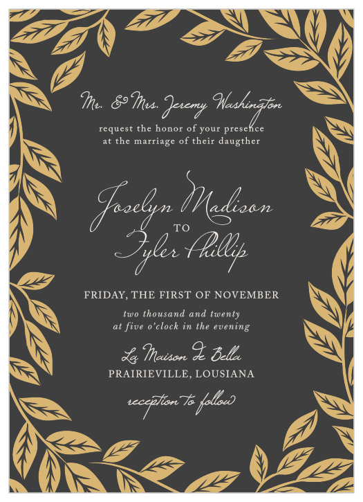 Graceful leaves give the Lovely Laurel Foil Wedding Invitations a graceful, ethereal feel. 
