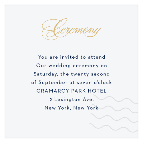 Design custom invites to your wedding ceremony featuring real gold or silver foil with the Posh Postmark Foil Ceremony Cards.