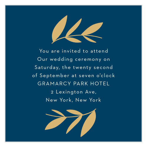 Dainty leaves frame your text on the Rustic Blooms Foil Ceremony Cards from the Love Vs Design Collection at Basic Invite. 