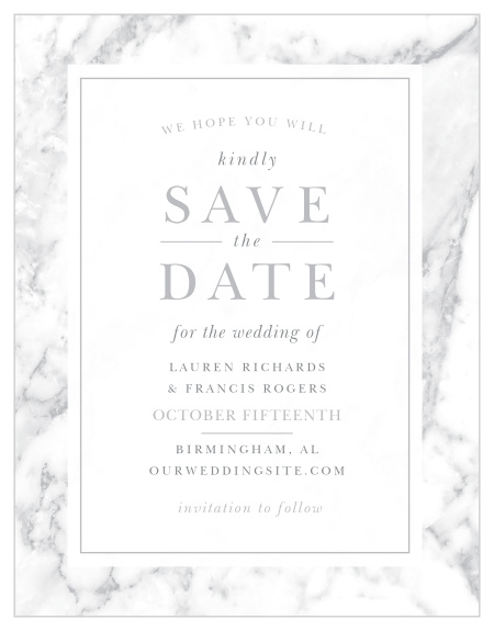 Announce your upcoming union with the cultivated sophistication of the Cool Marble Save-the-Date Cards