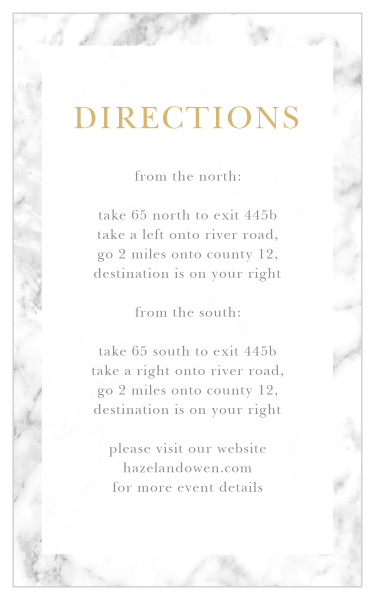 Help guests find your luxurious wedding venue with the cultivated sophistication of the Cool Marble Foil Direction Cards.